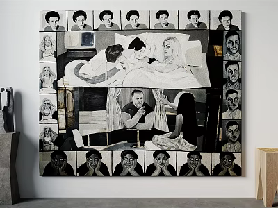 Large Black And White Art Painting With Central Figures And Surrounding Portrait Heads On Wall 3d model