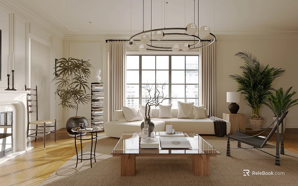 Elegant Modern Living Room Interior With Sofa Coffee Table Pendant Light Plants And Large Window 3d model 