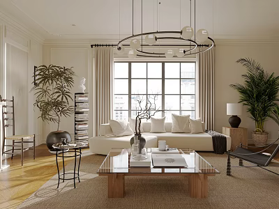 Elegant Modern Living Room Interior With Sofa Coffee Table Pendant Light Plants And Large Window 3d model