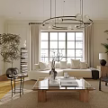 Elegant Modern Living Room Interior With Sofa Coffee Table Pendant Light Plants And Large Window