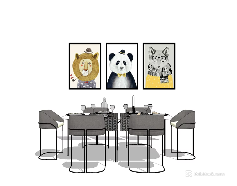 Dining Table Set With Chairs Wine Glasses And Animal Artwork Above 3d model