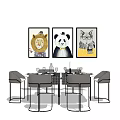 Dining Table Set With Chairs Wine Glasses And Animal Artwork Above 3d model