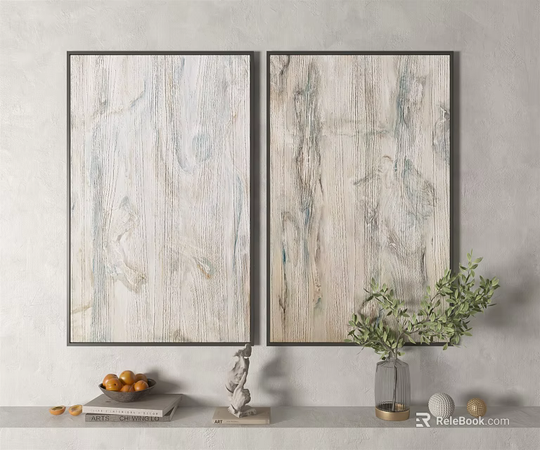 Modern Abstract Paintings on Gray Wall with Green Plants and Decorative Items 3d model 