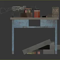 Vintage Machine Gun On Blue Weathered Table With Wooden Boxes Red Canister And Stacked Crates
