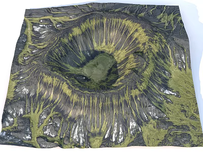 Volcanic Crater 3D Model with Circular Structure Green Black Terrain 3d model
