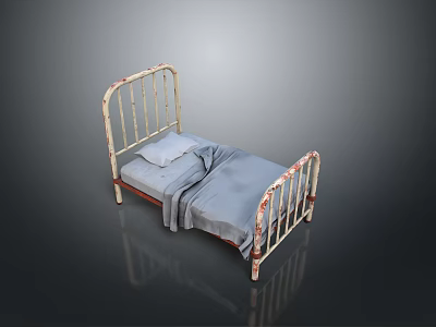 Vintage Iron Bed Frame With Ornate Design White Red Floral Patterns And Gray Bedding 3d model
