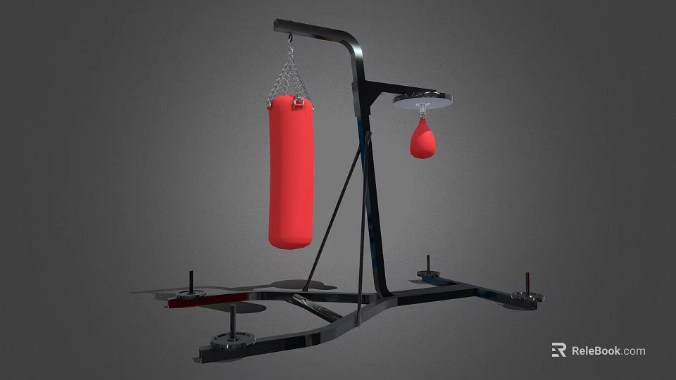 Black Boxing Stand With Red Punching Bag And Red Speed Bag For Home Gym Training 3d model 
