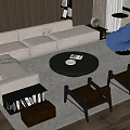 Modern Light Colored Sofa and Black Round Coffee Table Set with Dark Armchairs 3d model