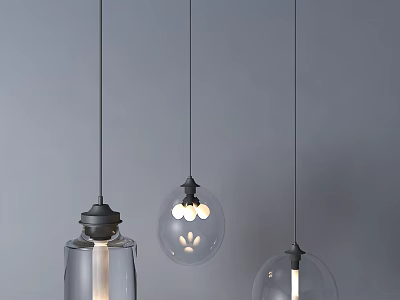 Modern Glass Pendant Lights With Different Shapes Hanging Against Gray Wall 3d model