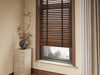 Wooden Blinds On Window With White Curtain Marble Pedestal Vase Decorative Branches 3d model