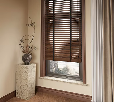 Wooden Blinds On Window With White Curtain Marble Pedestal Vase Decorative Branches 3d model