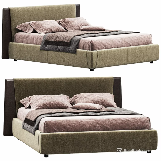 Modern Upholstered Double Bed With Soft Pink Pillows Gray Blanket And Folded Quilt 3d model 