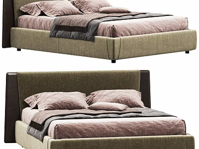 Modern Upholstered Double Bed With Soft Pink Pillows Gray Blanket And Folded Quilt 3d model