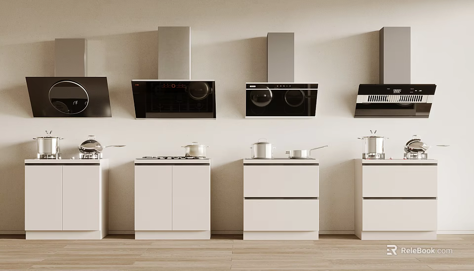 Modern Kitchen Appliances With Range Hoods Stoves And White Cabinets Setup 3d model 