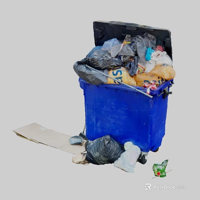 Blue Trash Bin Overflowing With Mixed Garbage Bags Cardboard And Litter 3d model 