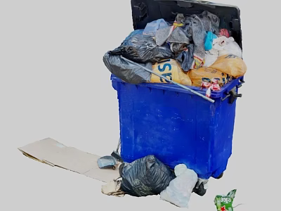 Blue Trash Bin Overflowing With Mixed Garbage Bags Cardboard And Litter 3d model