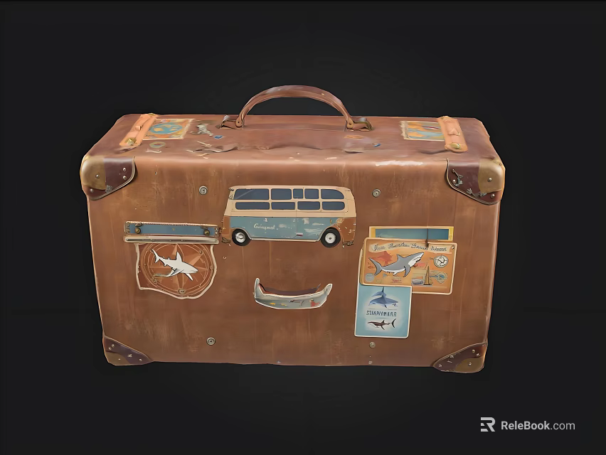 Vintage Leather Suitcase Decorated With Retro Bus Airplane Stickers For Travel 3d model 