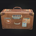 Vintage Leather Suitcase Decorated With Retro Bus Airplane Stickers For Travel