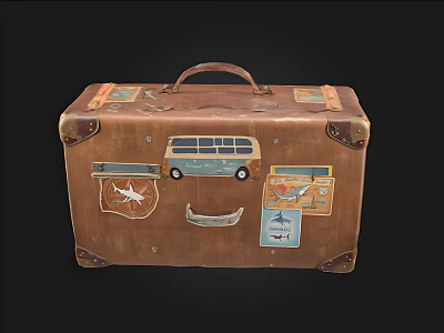 Vintage Leather Suitcase Decorated With Retro Bus Airplane Stickers For Travel 3d model