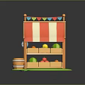 Wooden Fruit Stand with Striped Awning Colorful Pennant Flags Fruits in Compartments and Wooden Barrel