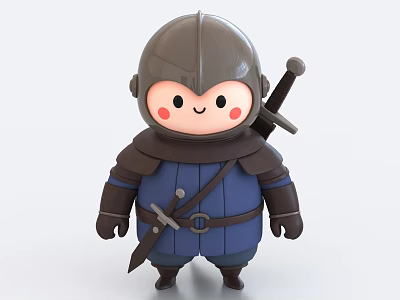 Cartoon Game Movie Knight Character Wearing Blue Armor Helmet Sword Dagger And Cute Blush Expression 3d model