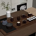 Elegant Modern Tea Set On Wooden Tray With Dark Brown Cups Teapot And White Vase