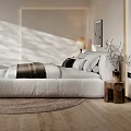Minimalist Modern Bedroom Interior With Round Bed Wooden Floor And White Bathtub