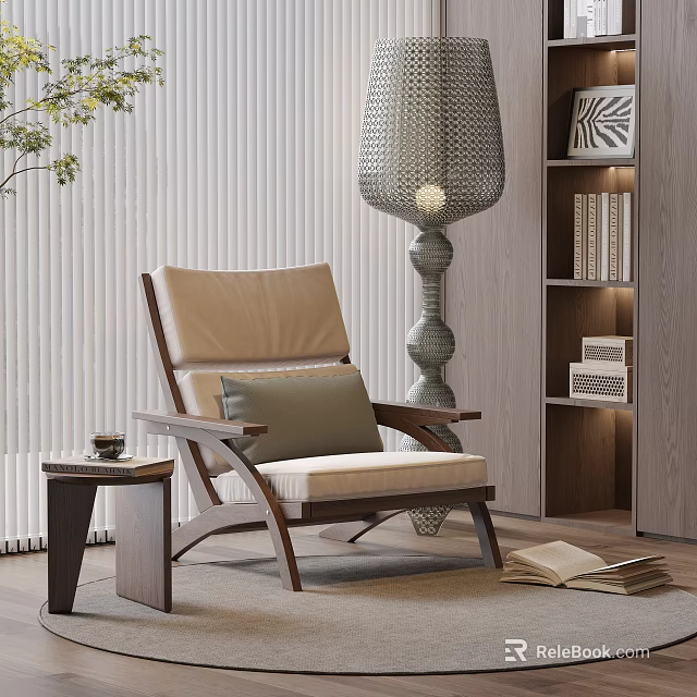 Comfortable Wooden Frame Leisure Chair With Beige Cushion Side Table Floor Lamp And Bookshelf 3d model 