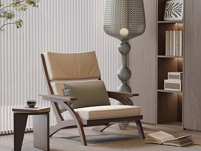 Comfortable Wooden Frame Leisure Chair With Beige Cushion Side Table Floor Lamp And Bookshelf 3d model