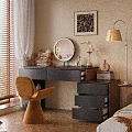 Stylish Wooden Dressing Table With Round Mirror Open Drawers Cosmetics Chair And Table Lamp