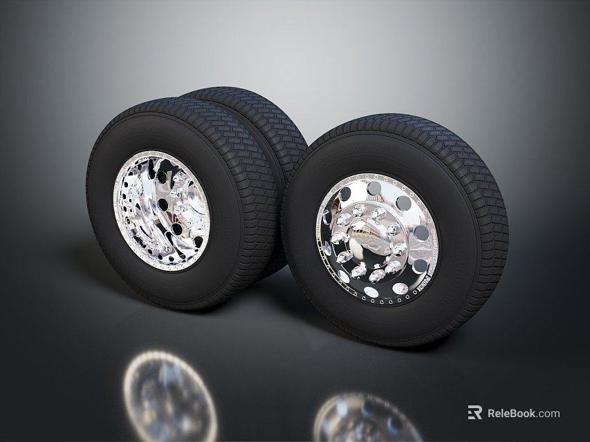 Pair of New Car Tires With Shiny Silver Alloy Rims And Black Rubber Treads 3d model 