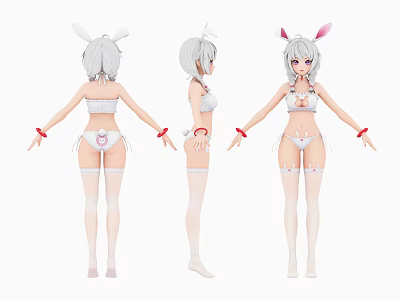 Anime Character with Rabbit Ears in White Lingerie and Stockings Three Views 3d model