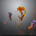Colorful Tropical Plants With Vibrant Flowers And Coral Like Structures On Black Background