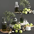 Ornamental Decor Set With Green Apples Glass Vases Olive Branches And Coffee Cup