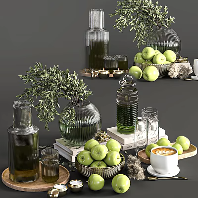 Ornamental Decor Set With Green Apples Glass Vases Olive Branches And Coffee Cup 3d model