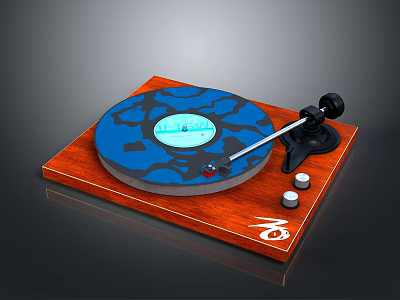 Electronic Turntable with Wooden Base Blue Pattern Platter Tonearm and Control Knobs 3d model