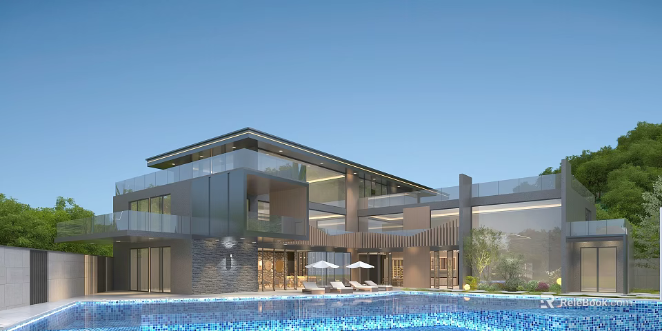 Modern Detached Villa With Glass Facade Swimming Pool Terrace And Landscaped Garden 3d model 
