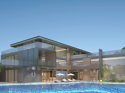Modern Detached Villa With Glass Facade Swimming Pool Terrace And Landscaped Garden 3d model