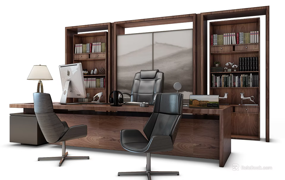 Wooden Office Desk with Bookshelves Computer Monitor Desk Lamp and Leather Chairs 3d model 