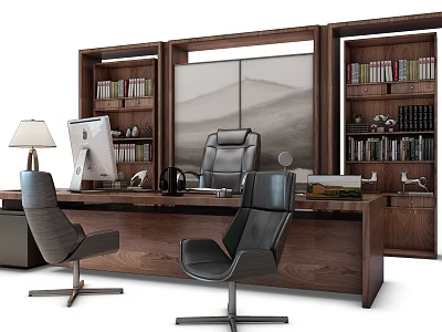Wooden Office Desk with Bookshelves Computer Monitor Desk Lamp and Leather Chairs 3d model