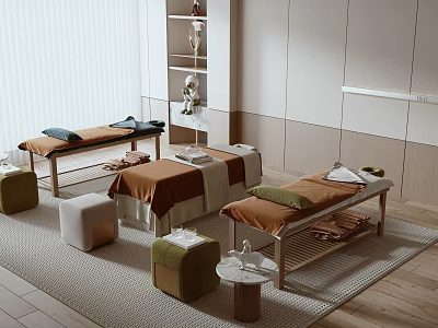 Modern Minimalist Massage Room With Wooden Frame Massage Beds Green Stools And Side Tables 3d model