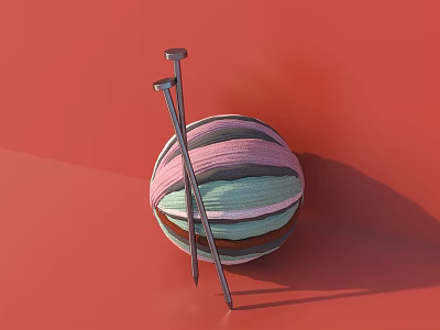 Colorful Yarn Ball And Metal Knitting Needles For Crafting On Red Background 3d model