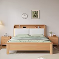Natural Style Wooden Double Bed With Green Pillows Quilt Nightstand Floor Lamp And Wall Decor
