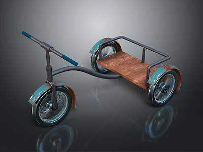 Vintage Style Tricycle With Blue Handlebar Black Frame And Wooden Platform 3d model