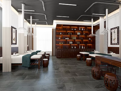 Traditional Chinese Interior Design With Wooden Shelves Long Benches Round Stools And Gray Stone Floors 3d model