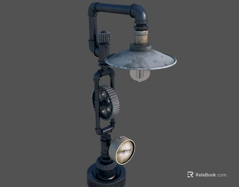 Industrial Style Floor Lamp With Metal Pipes Gears Bulb And Dial 3d model 