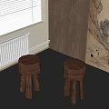 Wooden Stools With Round Top Carved Legs Near Window Blinds Dark Wooden Floor