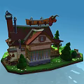 Cartoon Doll Shop Cottage With Mossy Roof Green Lawn Steps And Goat Figure