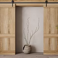 Wooden Hinged Double Doors Interior Design With Light Wall Wooden Floor And Clay Pot Branches