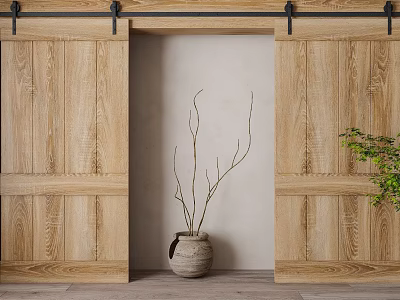 Wooden Hinged Double Doors Interior Design With Light Wall Wooden Floor And Clay Pot Branches 3d model